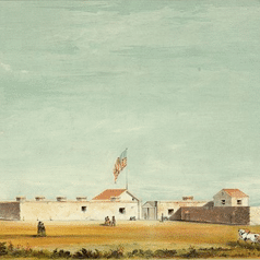 Historical sketch of the one-story adobe S. Brannan & Co. store near Sutter's Fort, with a loft that once held hides and trade goods.