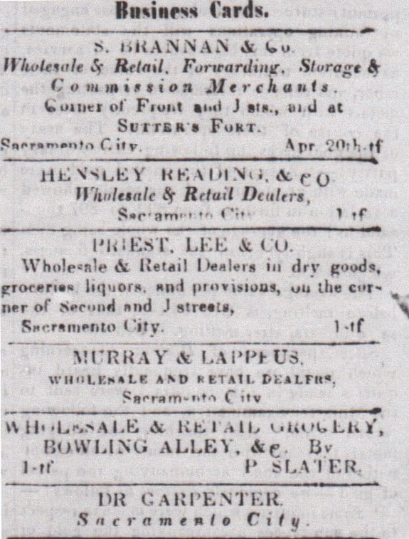 Historical sketch of the one-story adobe S. Brannan & Co. store near Sutter's Fort, with a loft that once held hides and trade goods.